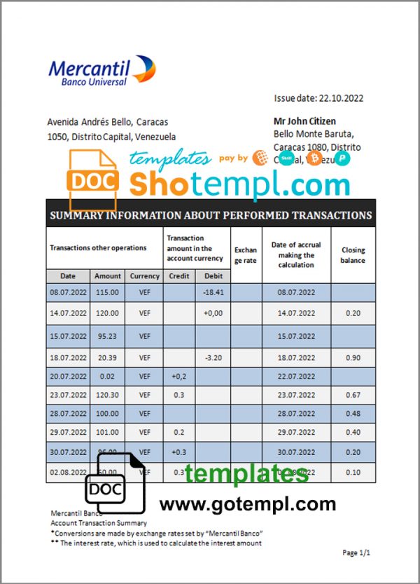 editable template, Venezuela Mercantil bank statement template in Word and PDF format