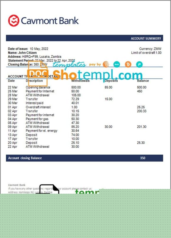 editable template, Zambia Cavmont bank statement template in Word and PDF format