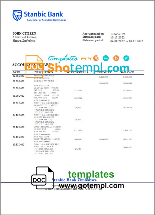 editable template, Zimbabwe Stanbic Bank statement template in Word and PDF format