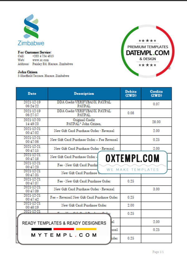 editable template, Zimbabwe Standard Chartered Bank statement template in Word and PDF format