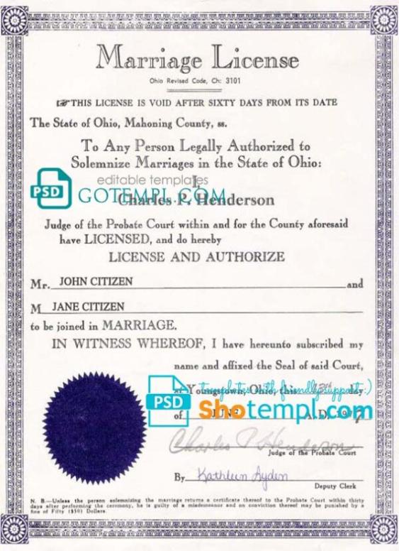 editable template, USA Ohio state marriage certificate template in PSD format