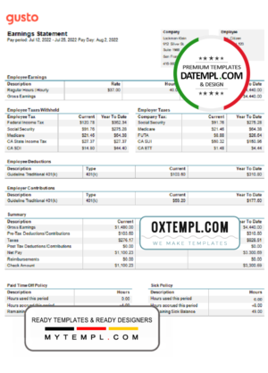 editable template, USA California business providing company earnings statement template in Word and PDF format