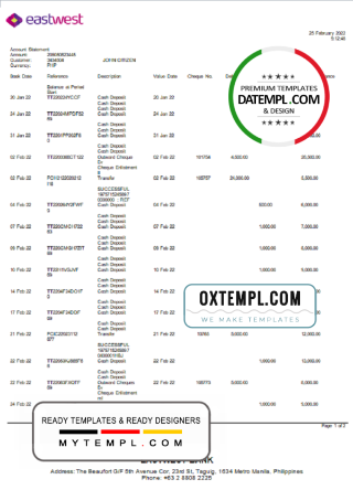 editable template, Philippines EastWest bank statement template in Word and PDF format