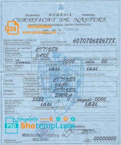 editable template, Romania birth certificate template in PSD format, fully editable