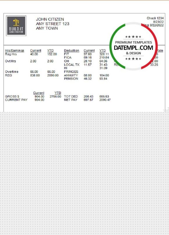 editable template, # true market pay stub template in Word and PDF format