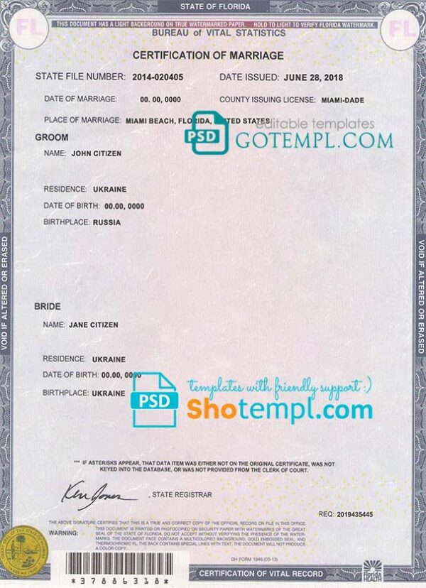 editable template, USA Florida state marriage certificate template in PSD format