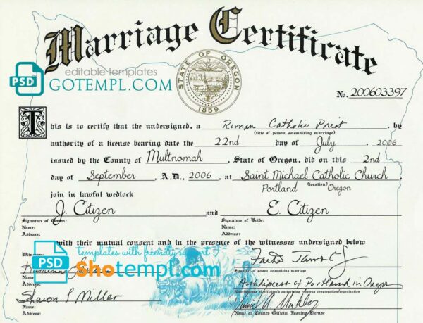 editable template, USA Oregon state marriage certificate template in PSD format