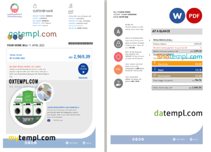 editable template, UAE Umm Al-Quwain Al Ain Distribution Co. Word and PDF utility bill template