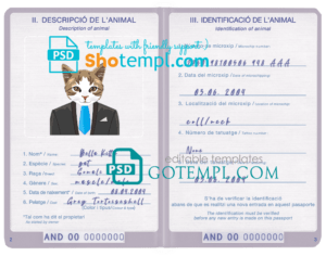 Andorra cat (animal, pet) passport PSD template, fully editable