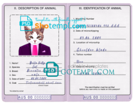 FREE editable template, Australia cat (animal, pet) passport PSD template, fully editable