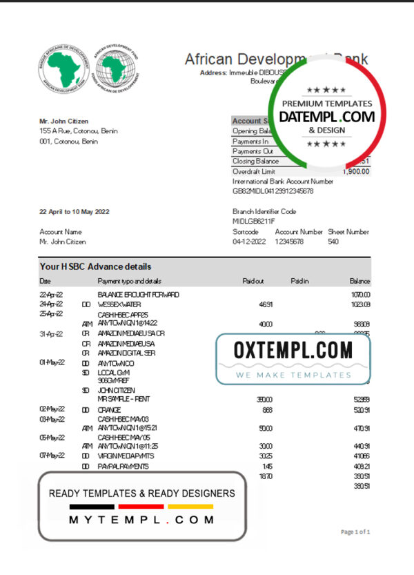 editable template, Benin African Development Bank statement template in Excel and PDF format