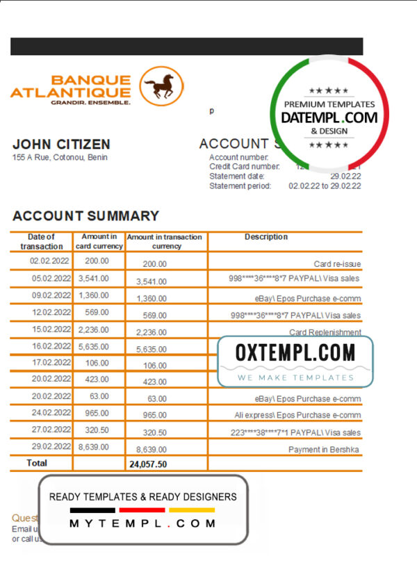 editable template, Benin Banque Atlantique bank statement template in Excel and PDF format