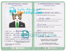 FREE editable template, Benin cat (animal, pet) passport PSD template, fully editable