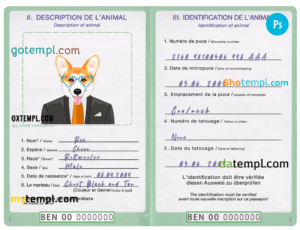Benin dog (animal, pet) passport PSD template, completely editable