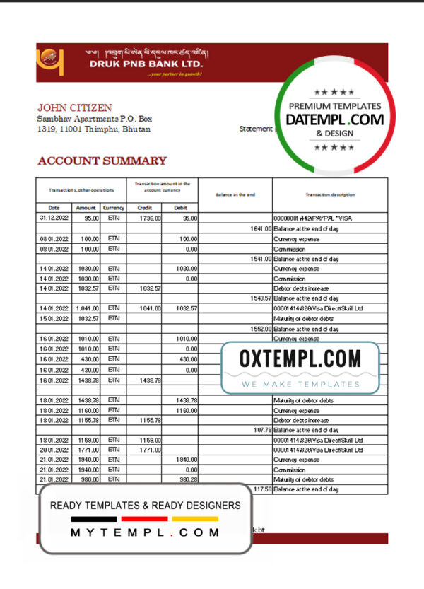 editable template, Bhutan Druk PNB bank statement template in Excel and PDF format (autosum)