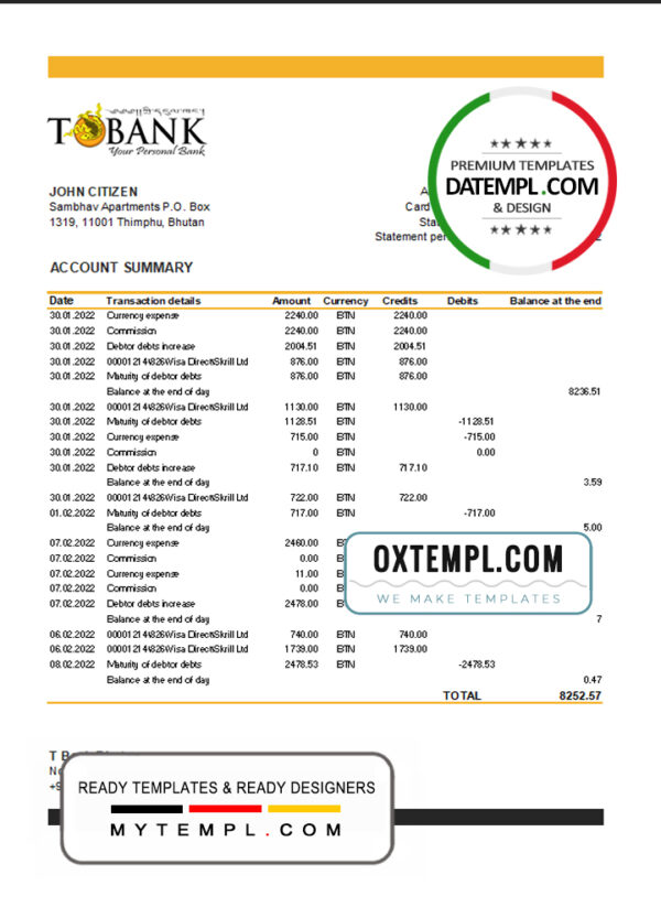 editable template, Bhutan T Bank Statement template in Excel and PDF format