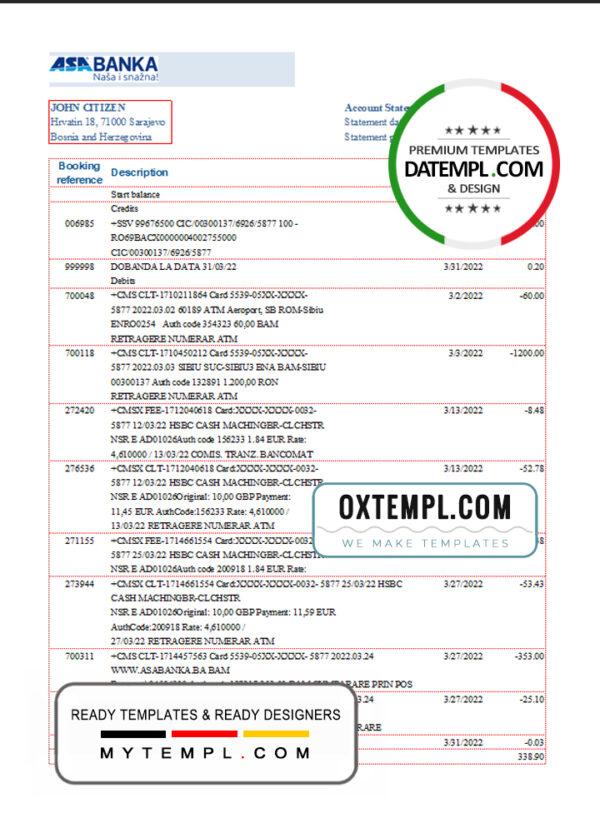 editable template, Bosnia and Herzegovina ASA Banka bank statement template in Excel and PDF format