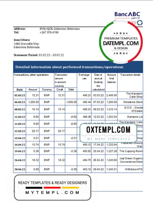 editable template, Botswana Bank ABC bank statement template in Excel and PDF format