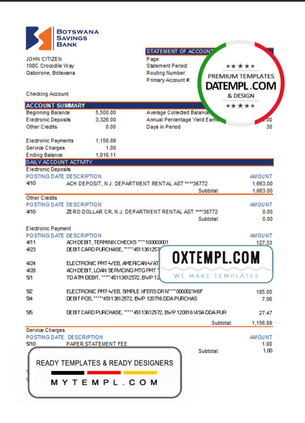 editable template, Botswana Savings bank statement template in Excel and PDF format