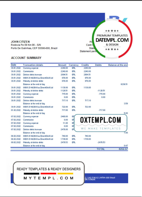 editable template, Brazil Banco Votorantim bank statement template in Excel and PDF format