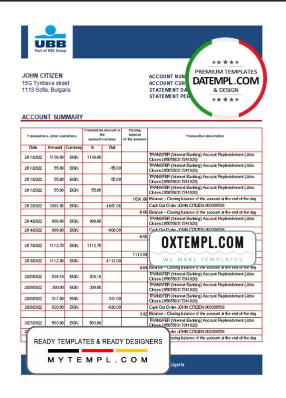 editable template, Bulgaria UBB bank statement template in Excel and PDF format