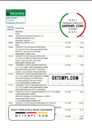 Burkina Faso Bank of Africa bank statement Excel and PDF template, fully editable (AutoSum)