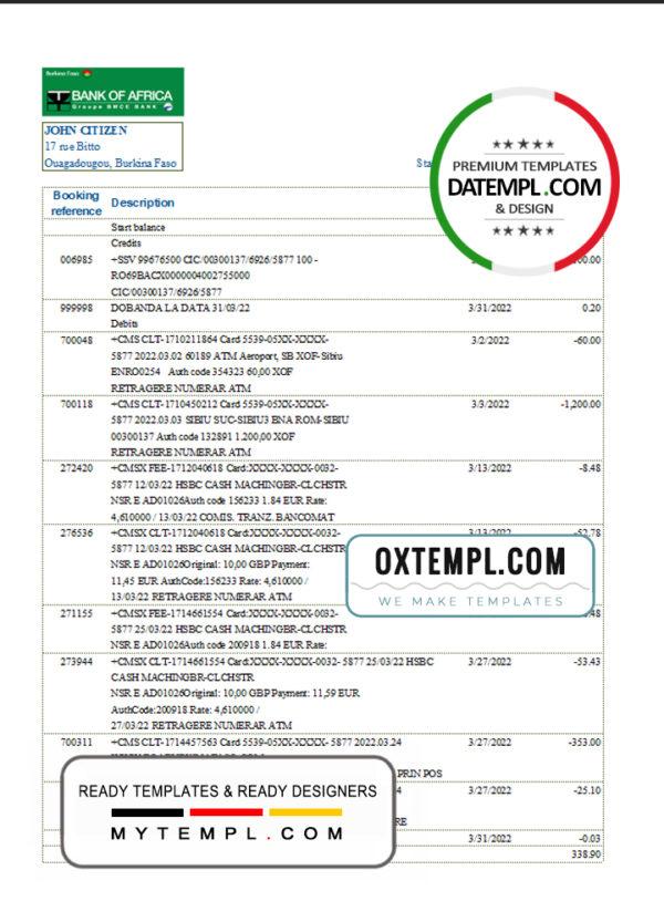 editable template, Burkina Faso Bank of Africa bank statement Excel and PDF template, fully editable (AutoSum)