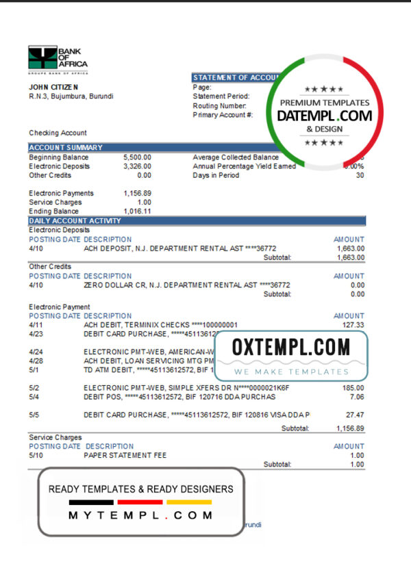 editable template, Burundi Bank of Africa bank statement Excel and PDF template (AutoSum)