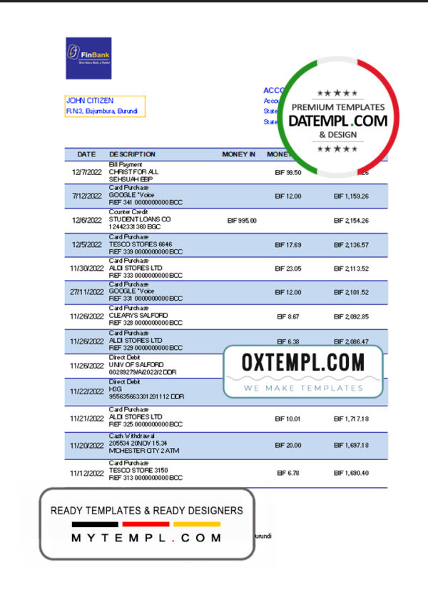 editable template, Burundi Finbank bank statement Excel and PDF template, fully editable (AutoSum)