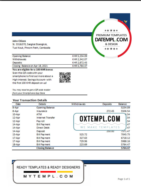 editable template, Cambodia ACLEDA bank statement Excel and PDF template (AutoSum)