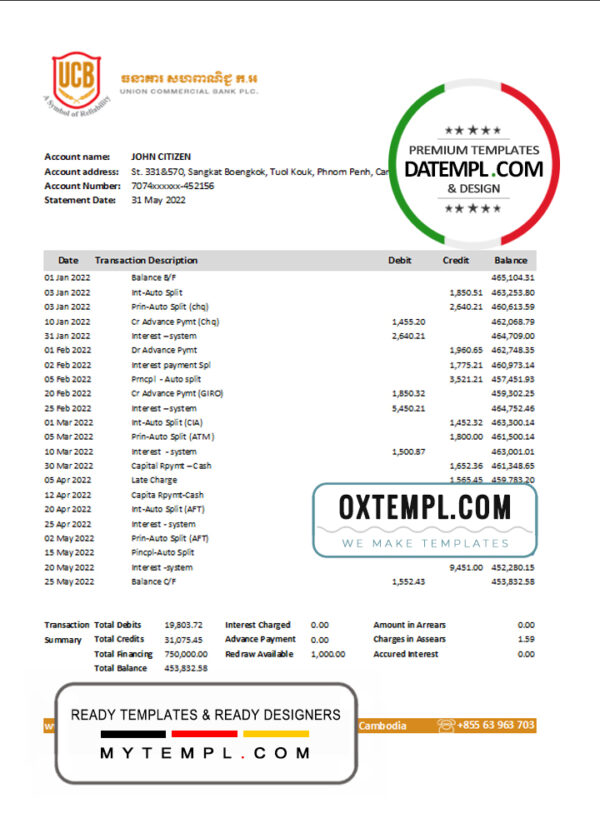 editable template, Cambodia Union Commercial bank statement Excel and PDF template, fully editable (AutoSum)
