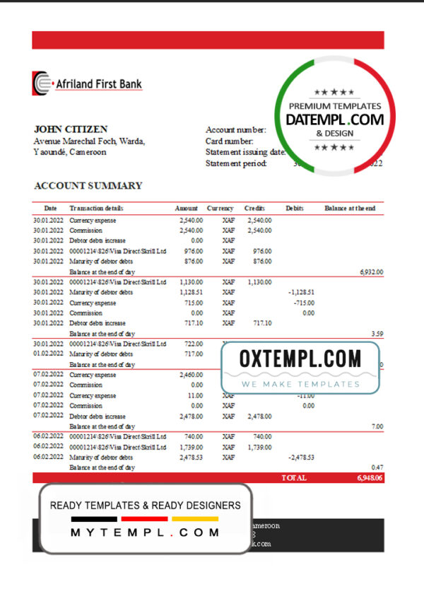 editable template, Cameroon Afriland First bank statement Excel and PDF template (AutoSum)