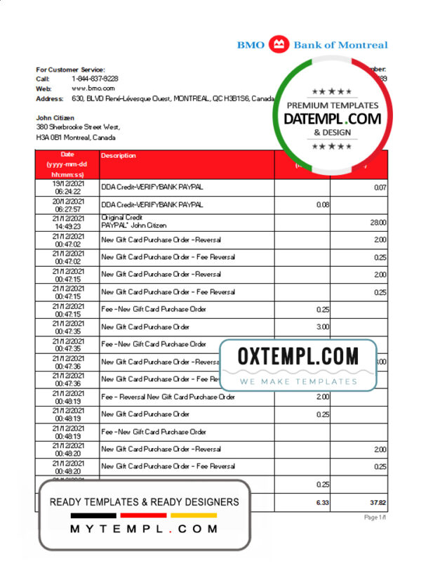 editable template, Canada Bank of Montreal bank statement Excel and PDF template (AutoSum)