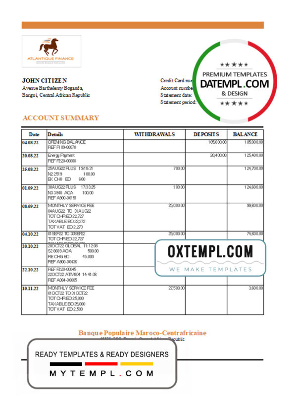 editable template, Central African Republic Banque Populaire Maroco Centrafricaine bank statement Excel and PDF template, fully editable (AutoSum)