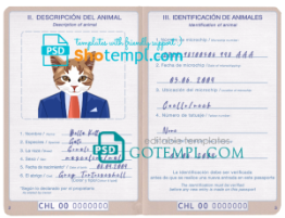 FREE editable template, Chile cat (animal, pet) passport PSD template, completely editable