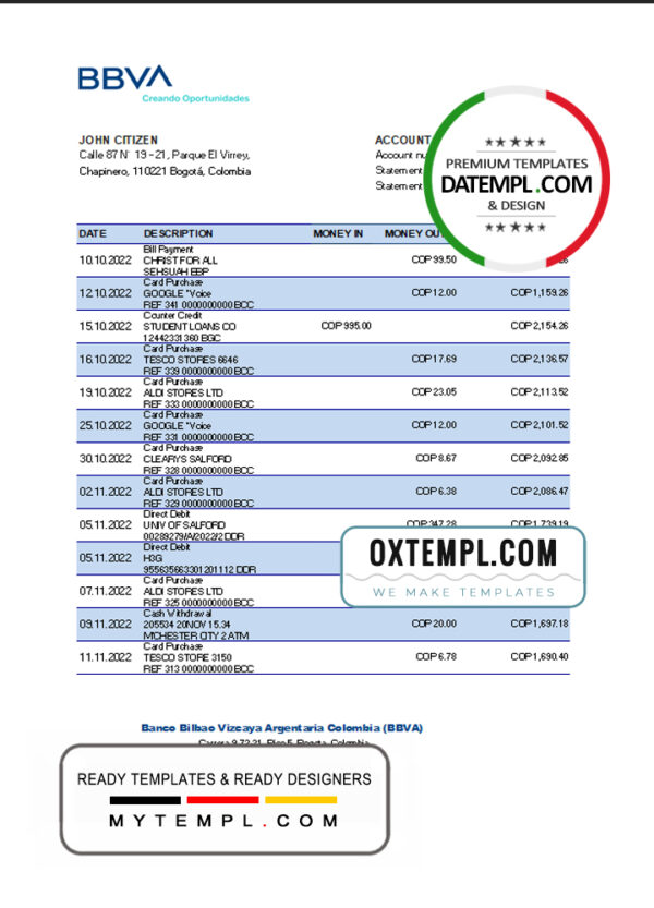 editable template, Colombia BBVA bank statement Excel and PDF template (AutoSum)