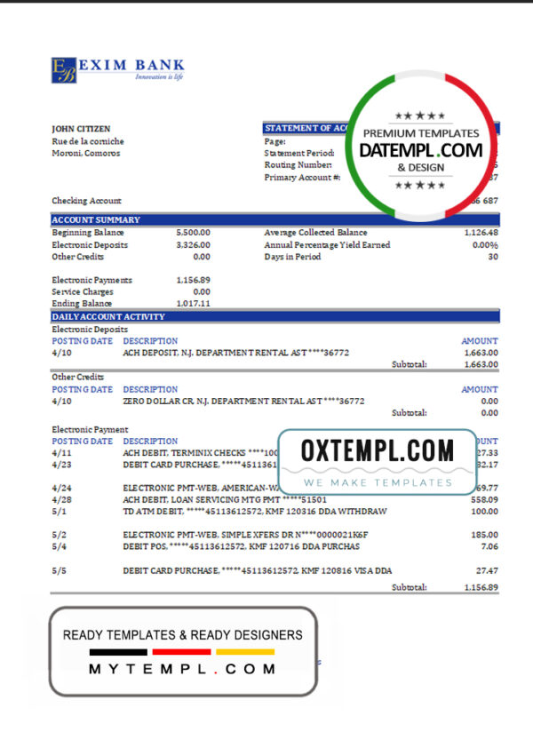editable template, Comoros Exim bank statement Excel and PDF template, fully editable