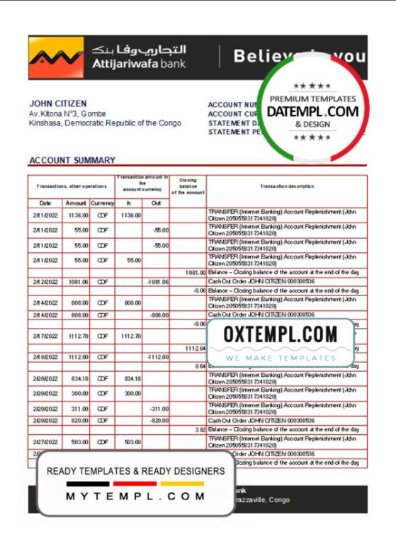 editable template, Congo Credit du Congo bank statement Excel and PDF template (AutoSum)