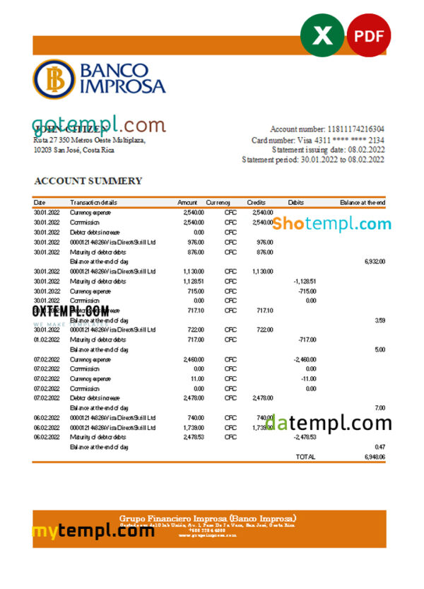 editable template, Costa Rica Banco Improsa bank statement Excel and PDF template