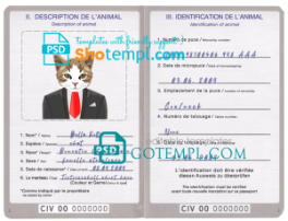 FREE editable template, Côte d'Ivoire cat (animal, pet) passport PSD template, fully editable