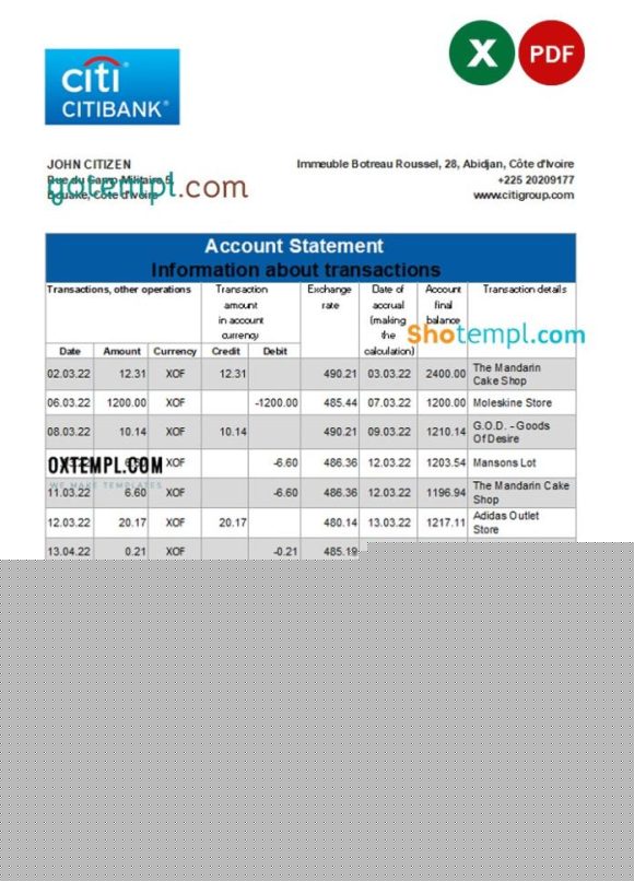 editable template, Cote d'Ivoire Citibank bank statement Excel and PDF template
