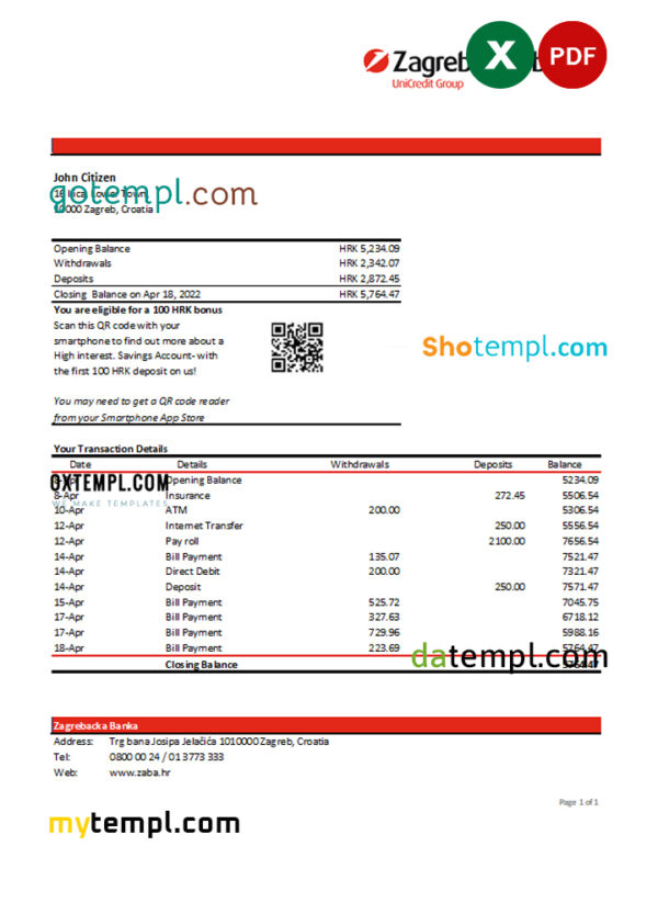 editable template, Croatia Zagrebačka Bank statement Excel and PDF template