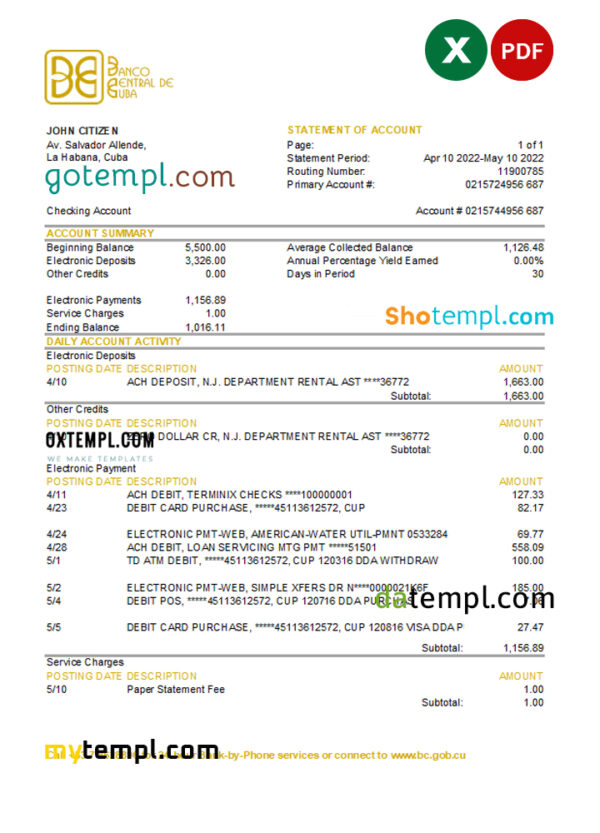 editable template, Cuba Banco Central de Cuba bank statement Excel and PDF template