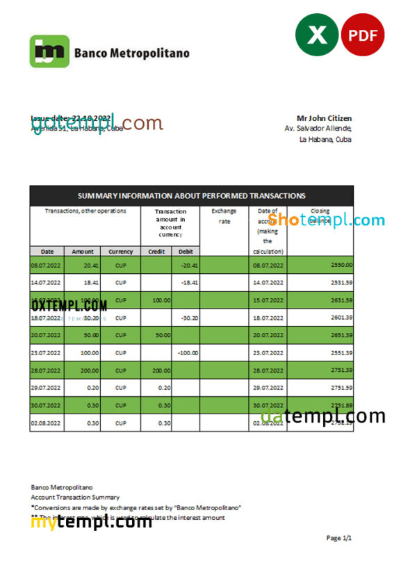 editable template, Cuba Banco Metropolitano bank statement Excel and PDF template