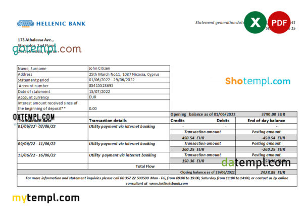 editable template, Cyprus Hellenic bank statement Excel and PDF template