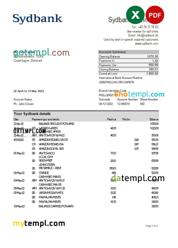 editable template, Denmark Sydbank statement Excel and PDF template