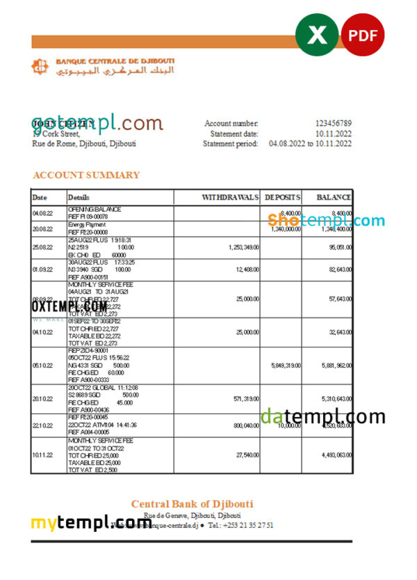 editable template, Djibouti Central Bank of Djibouti statement Excel and PDF template