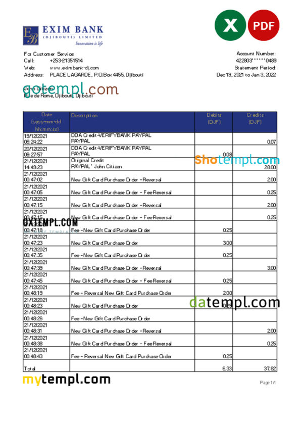 editable template, Djibouti Exim bank statement Excel and PDF template