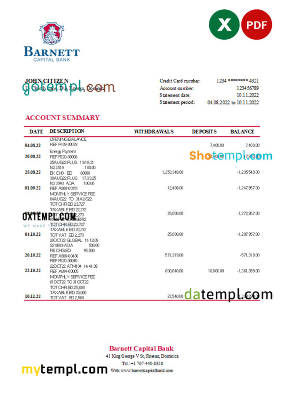 editable template, Dominica Barnett Capital Bank statement Excel and PDF template