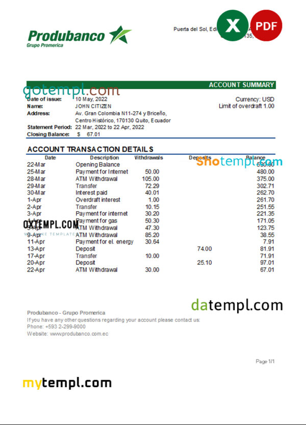 editable template, Ecuador Produbanco bank statement Excel and PDF template